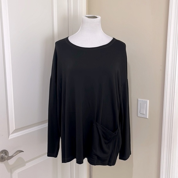 Eileen Fisher 3/4 Sleeve Stretch Round Neck Black Wash Pocket Tunic Top Size XL - Picture 1 of 8